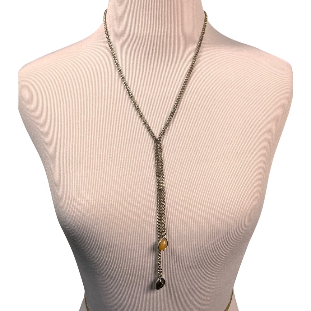 Banana Republic Gold Tone Lariat Y Necklace Amber Brown Teardrop‎
